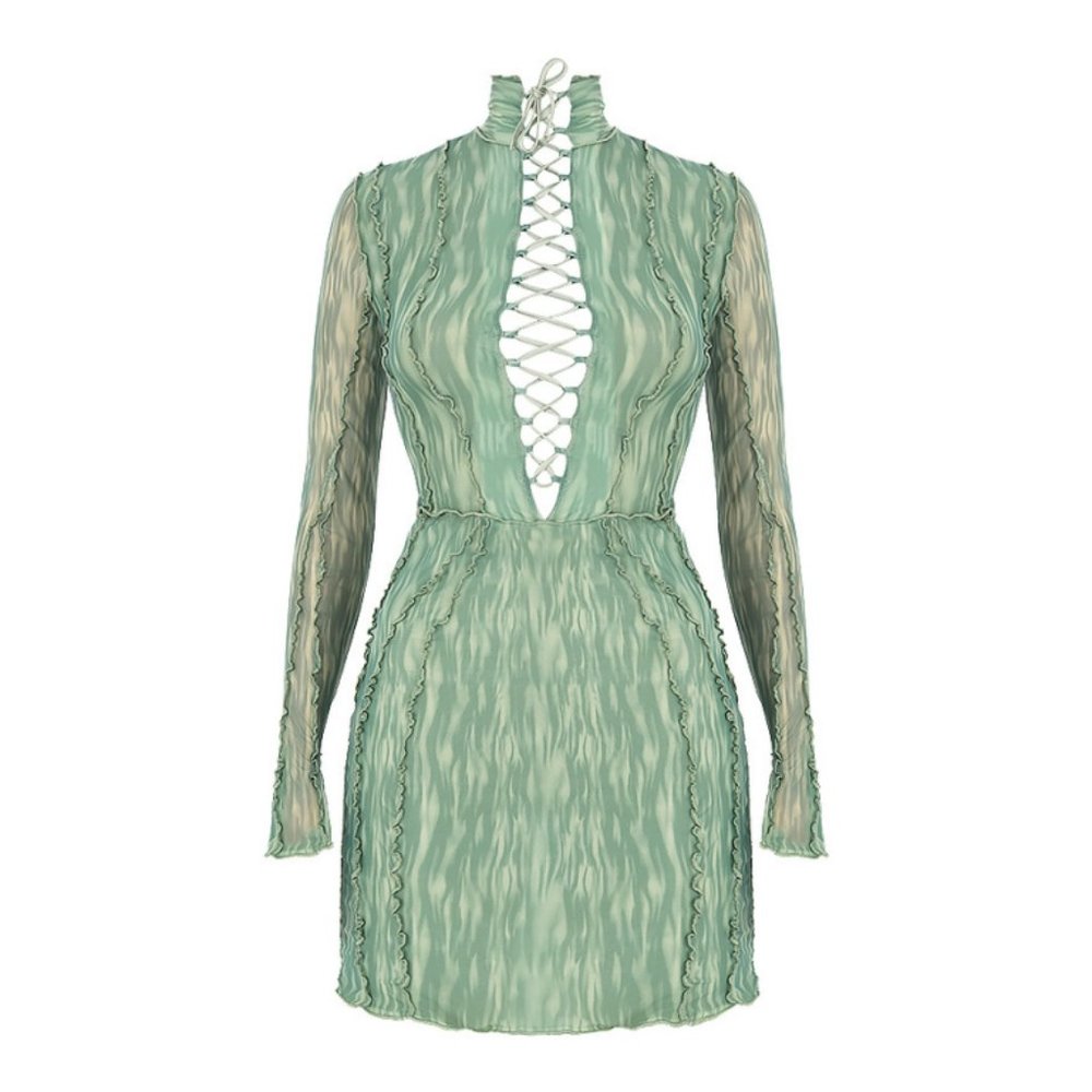 ๐HP๐ New House of CB Dylan Ivy Sexy Mesh Lace Up Long Sleeve Mini Dress Large - Picture 5 of 15